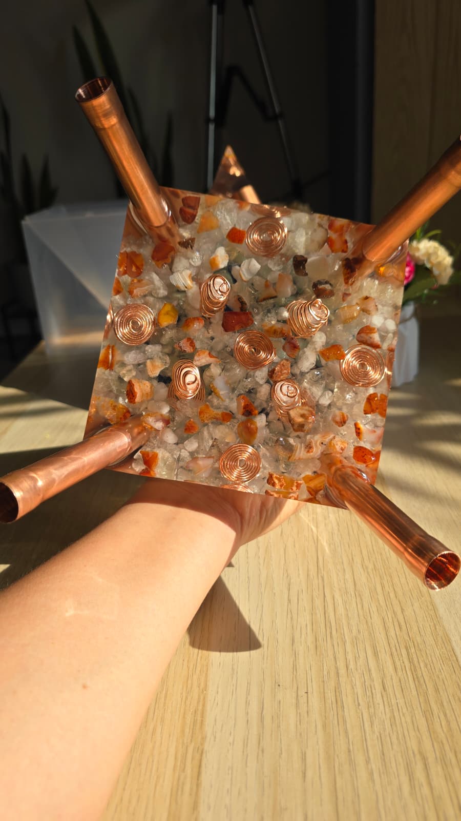 Copper spirals and natural stones set in resin